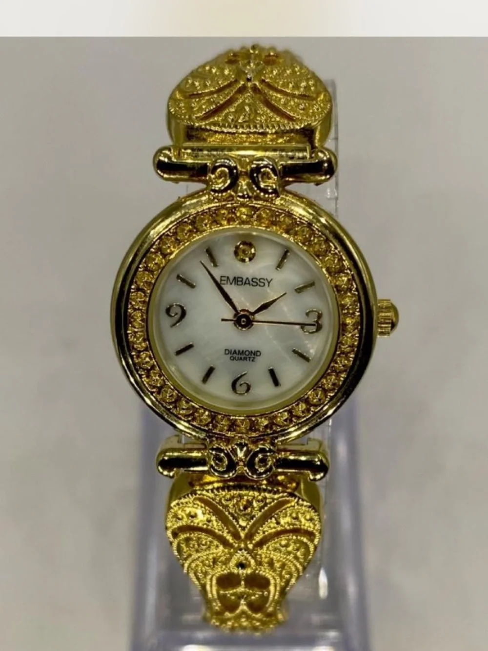 Embassy *** Luxury Ladies Gold-Tone Diamond Accent Bracelet Watch / Filigree ***